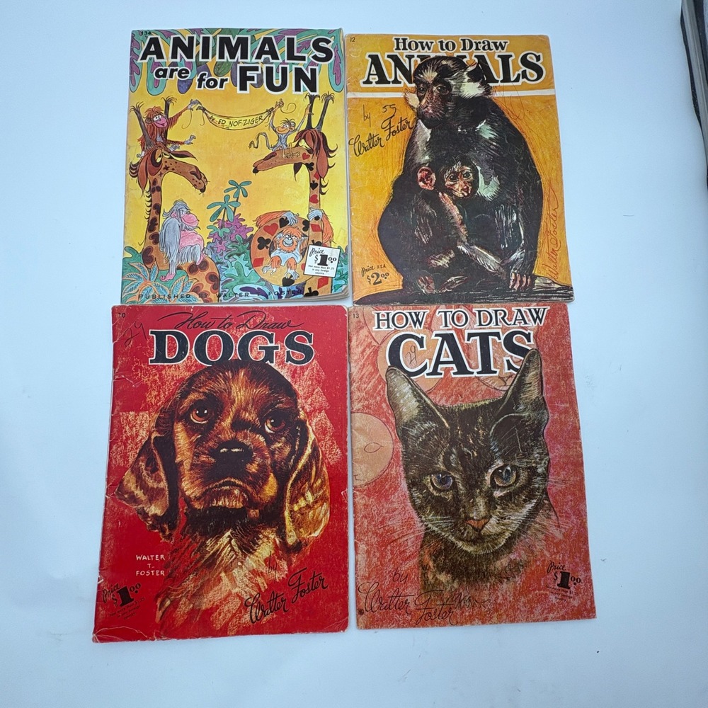 Vintage Walter Foster How to Draw Animals Dogs Cats Art Book Lot 4 Ed Nofziger
